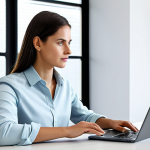 A focused female professional virtual assistant in modest business casual attire, fully clothed, such as a neat blouse and tailored trousers, sitting comfortably at a sleek, minimalist desk in a bright, modern home office. A laptop is open, and a few organized documents are visible. The background shows a clean, uncluttered wall with a hint of natural light from a window. The image conveys a calm, determined, and professional atmosphere. This is a high-quality photograph, safe for work, appropriate content, with perfect anatomy, correct proportions, natural pose, well-formed hands, proper finger count, and natural body proportions.