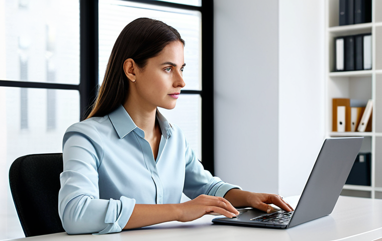 A focused female professional virtual assistant in modest business casual attire, fully clothed, such as a neat blouse and tailored trousers, sitting comfortably at a sleek, minimalist desk in a bright, modern home office. A laptop is open, and a few organized documents are visible. The background shows a clean, uncluttered wall with a hint of natural light from a window. The image conveys a calm, determined, and professional atmosphere. This is a high-quality photograph, safe for work, appropriate content, with perfect anatomy, correct proportions, natural pose, well-formed hands, proper finger count, and natural body proportions.