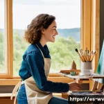 Home 18 부업으로 할 수 있는 아트워크 판매 - **Prompt 1: "A talented female artist in her late 20s, with short, curly brown hair and a warm smile...