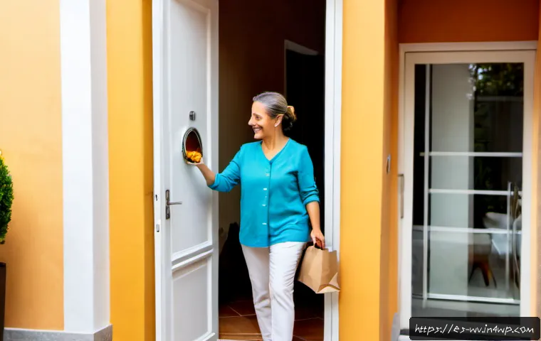 Home 17 주말에 가능한 건강식 배달 서비스 - Photorealistic weekend healthy meal delivery at a bright apartment doorway in Madrid, friendly deliv...